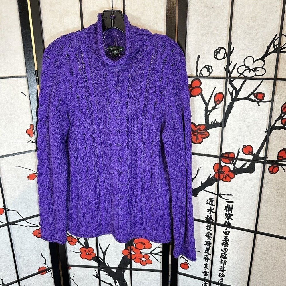 Lauren RALPH LAUREN Womens Cable Knit Sweater Size Large Mock Neck Chunky Purple